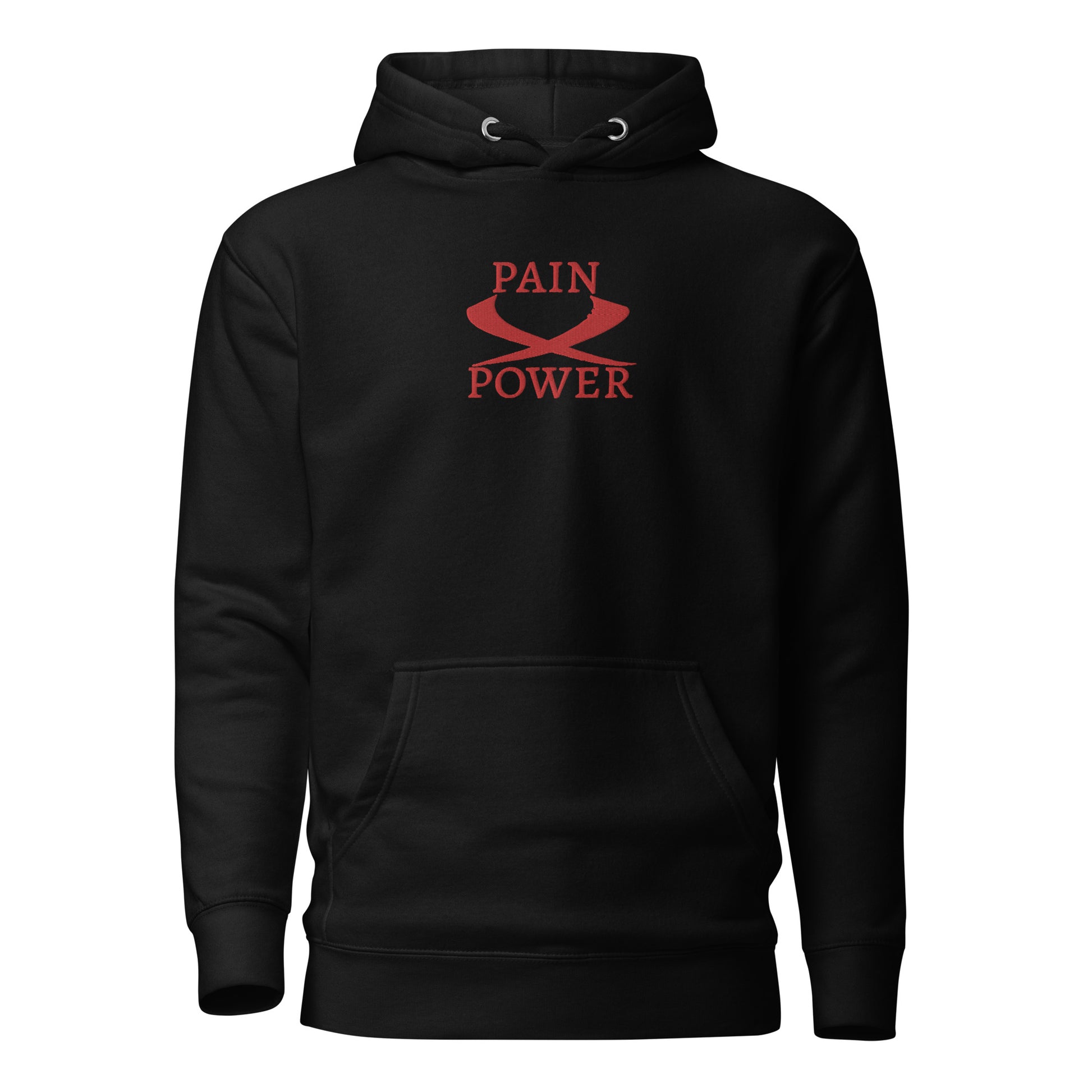 black    wrath  hoodie with pain and power embroidered at the center chest