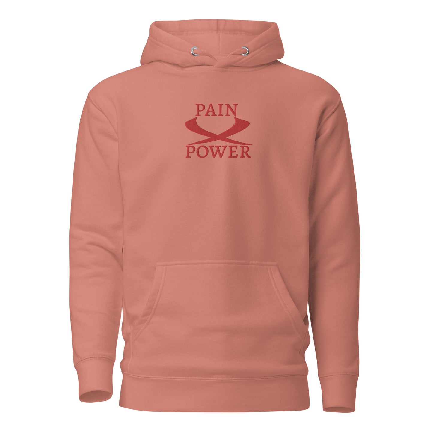 dusty rose   wrath   hoodie with pain and power embroidered at the center chest