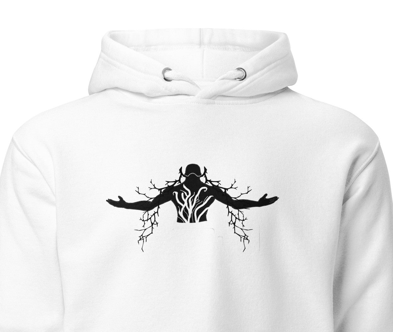 white hoodie with print of a man with thorn behind him