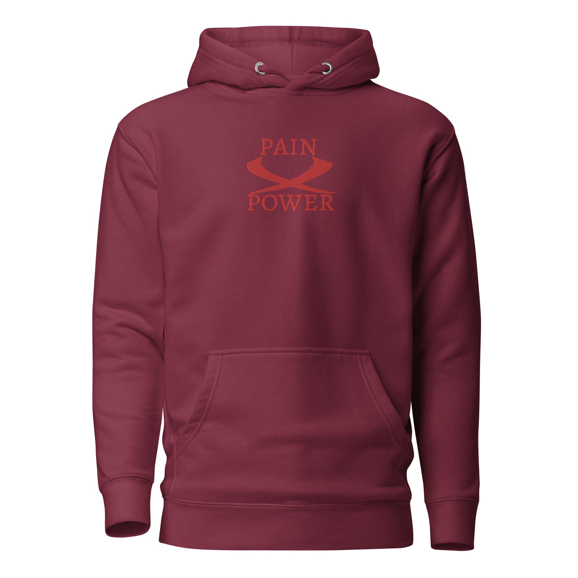 maroon  wrath    hoodie with pain and power embroidered at the center chest
