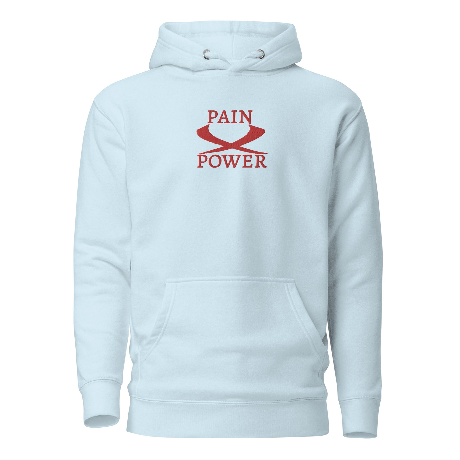 sky blue   wrath   hoodie with pain and power embroidered at the center chest