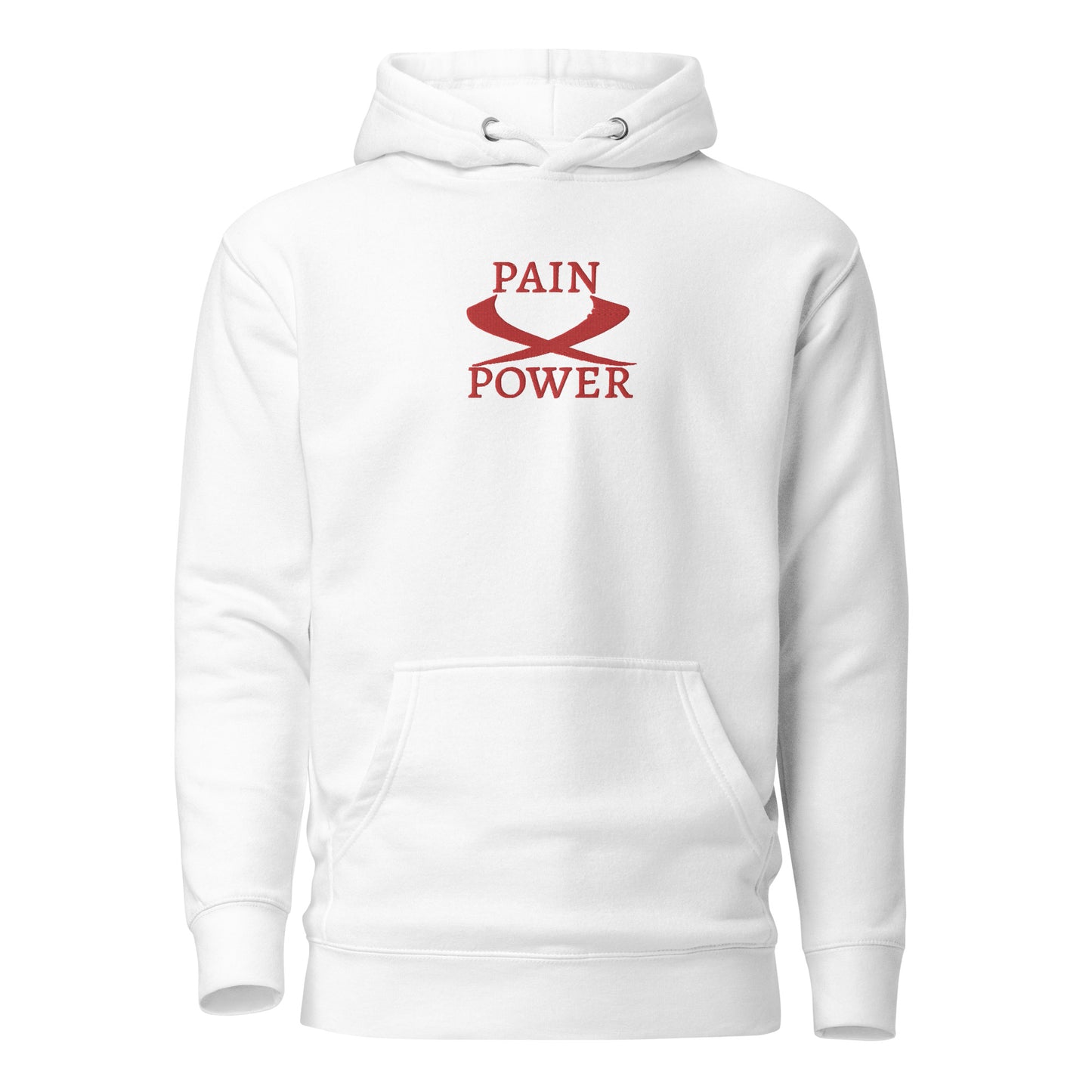 white  hoodie with pain and power embroidered at the center chest