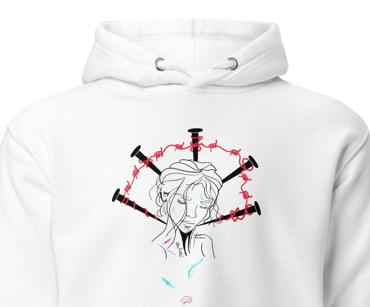 white hoodie with illustration of a women with scars